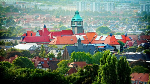 Luftaufnahme mit Bäumen vor dem Schumannbau und Wohnungen im Hintergrund