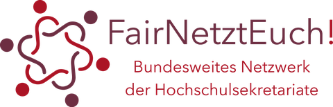 Weißer Untergrund mit dunkelroter Schrift - Logo FairNetzt Euch - Fair mit ai geschrieben - das Logo steht für Vernetzung der Sekretariate an Hochschulen in Deutschland