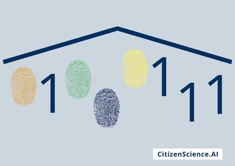 Zahlenfolge 1 und 0 und Aufschrift CititzenScience.AI mit Dach in blau