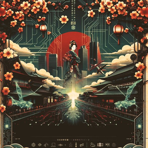 eine Geisha als Symbol der japanischen Kultur in der Mitte, umrahmt von Blumen und KI-Symbolen