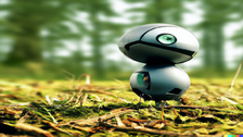 ein kleiner Roboter steht auf einer Wiese