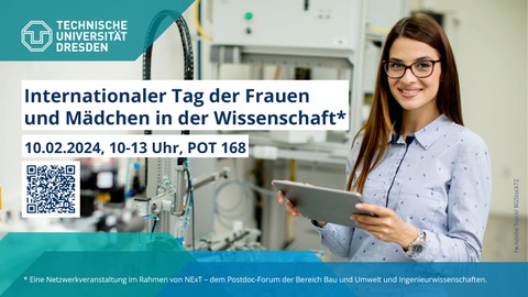 Werbung  für Veranstaltug am 10.02.24 10-13 Uhr im POT 168 der TUD zum Tag der Frauen und Mädchen in der Wissenschaft, auf der rechten Seite des Bildes hält eine junge Frau ein Tablet in der Hand