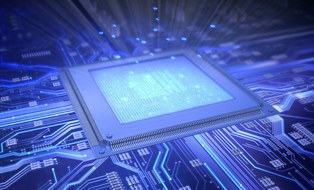 Das Bild zeigt eine 3D gerenderte Illustration einer elektronischen Schaltung mit Mikrochip oder Prozessor.