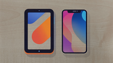 You can see a desk with two illustrated smartphones