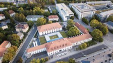 Luftaufnahme der Alten Mensa und des Günther-Landgraf-Baus der TU Dresden
