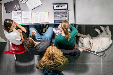 Foto von vier Studierenden an einem Tisch aus der Vogelperspektive. Auf dem Tisch liegen Fachbücher, ein zugeklappter Notebook und ein Notebook mit Braillezeile.Auf dem Schoss einer Studentin sitzt ein Baby, rechts daneben liegt ein Golden Retriever auf dem Boden, der das Führungsgeschirr eines Blindenhundes trägt.