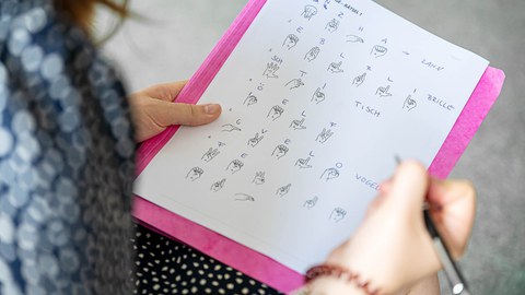 Kursmaterial mit Gebärdenübersicht für ausgewählte Worte