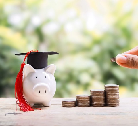 Photo of a piggy bank wearing a doctoral cap. Next to the piggy bank are several large piles of coins, and a hand is holding a few coins.