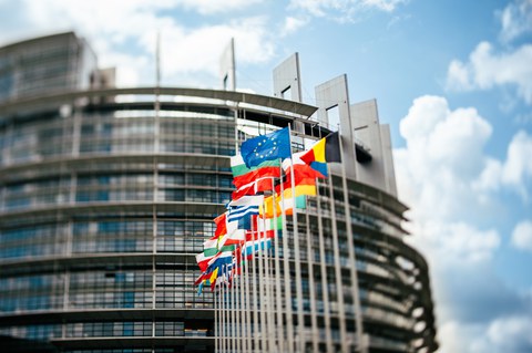 Auf dem Fotos sind Flaggen vor dem Europäischen Parlament abgebildet.