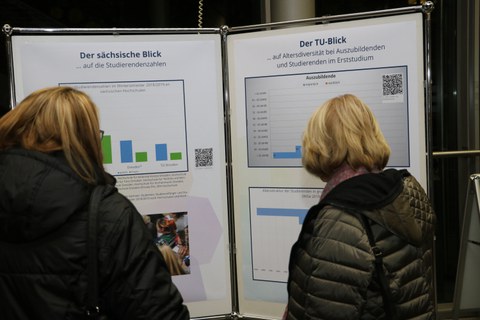 zwei Frauen betrachten eine Schautafel der Ausstellung Altersdiversität
