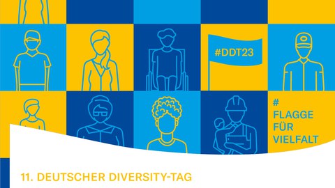 blau-gelb karrierte Flaage mit Symboen zum Thema Vielfalt und Diversität