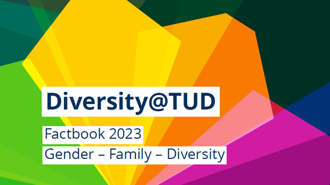 Das Cover des neuen Factbooks mit intensiv leuchtenden Farben und dem Titel Diversity@TUD sowie Untertitel in dunkelblauer Schrift auf weißem Grund 