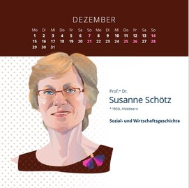 FIllustration einer Frau mit kurzen Haaren und Brille. Kalenderblatt mit Überschrift Dezember und Namen Susanne Schötz.