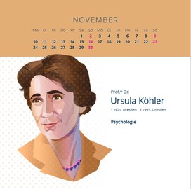 Illustration einer Frau mit kurzen Haaren. Kalenderblatt November mit dem Nahmen "Ursula Köhler".