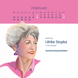 Calendar page for February featuring a portrait of Prof. Dr. Ulrike Stopka, born 1954 in Dresden, specializing in transport sciences. Modern illustration with pink background and calendar view.