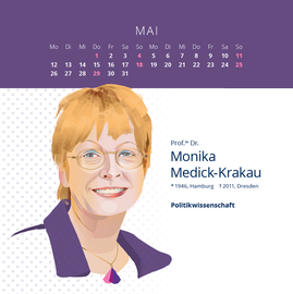 Illustration of a calendar page for the month of May with a portrait of Prof. Dr Monika Medick-Krakau. She is depicted with blonde hair, glasses and a purple collar. Below the portrait are her life details: * 1946, Hamburg - † 2011, Dresden. Her specialism is ‘political science’. At the top of the picture is a monthly calendar for May with Sundays highlighted in red.