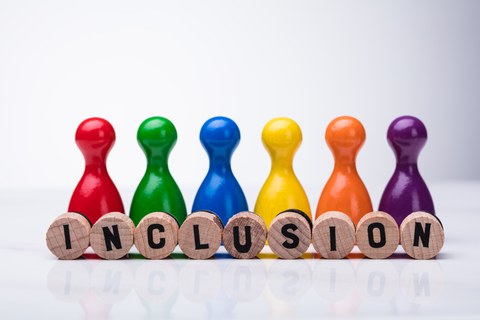 Six colorful game pieces with small wooden stones in front of them, each with a letter printed on it and together forming the word "INCLUSION", all shapes pale reflection on the background surface.