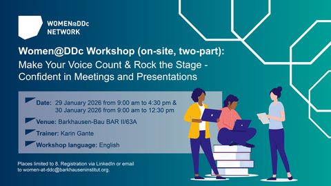 Workshop-Ankündigung des Women@DDc Netzwerks: Make Your Voice Count & Rock the Stage. Präsensworkshop am 29ten und 30ten Janaur mit Karin Gante.