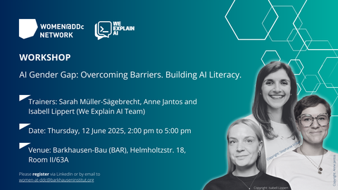 Workshop-Ankündigung: „AI Gender Gap – Overcoming Barriers. Building AI Literacy.“ mit drei Trainerinnen, Veranstaltungsdetails und Logos auf blau-grünem Hintergrund mit Hexagon-Muster.  