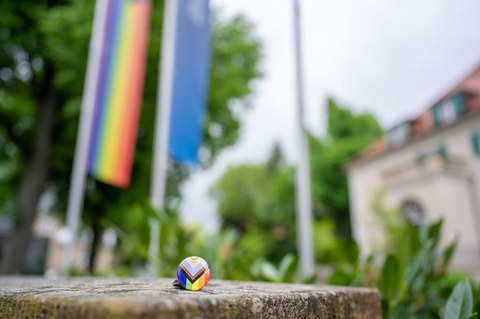 Ein ProgressivePrideFlagButton liegt auf einer Mauer, im Hintergrund ist das Rektorat und die Progressiv Pride Flag zu erkennen