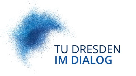 Die Grafik zeigt eine blaue Wolke mit unterschiedlichen Blauschattierungen. Rechts neben der Wolke steht „TU Dresden im Dialog“.