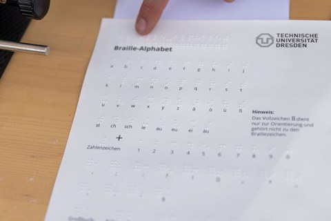 Hilfsmaterialien für Sehbehinderte, die von der Arbeitsgruppe Services Behinderung und Studium (TUD) beim Mitmach-Fest präsentiert wurden.