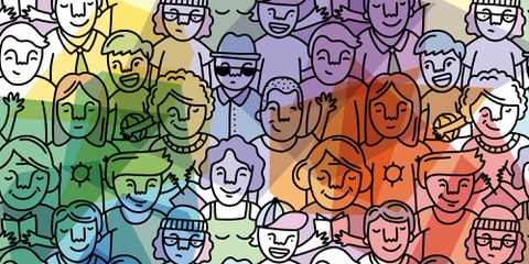 Das Bild im Comic-Stil zeigt viele unterschiedliche Personen, die nach vorn blicken. Der Hintergrund ist bunt.  