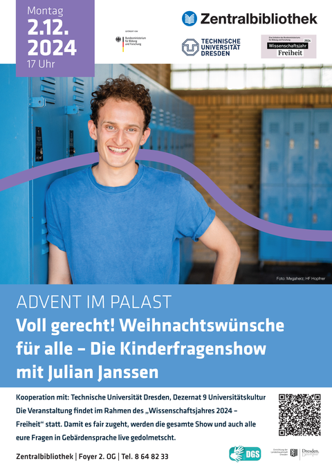 Plakat der Veranstaltung, Portrait von Julian Janssen und die Daten des Termins