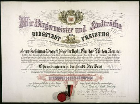 Ehrenbürgerurkunde der Stadt Freiberg im Nachlass von Prof. Zeuner