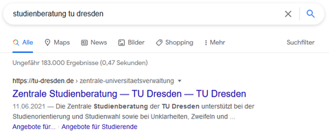 Screenshot Google Suchergebnis zum Stichwort "studienberatung tu dresden"