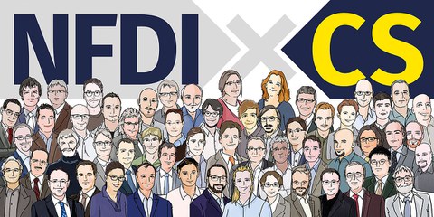 Zeichnung des Projektkonsortiums für NFDIxCS mit mehr als 55 Brustbildern als Gruppe. Darüber groß der Schriftzug NDFIxCS.