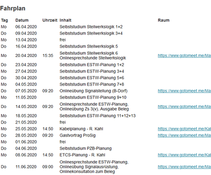 Screenshot: Fahrplan der Lehrveranstaltung (Termine/Themen)