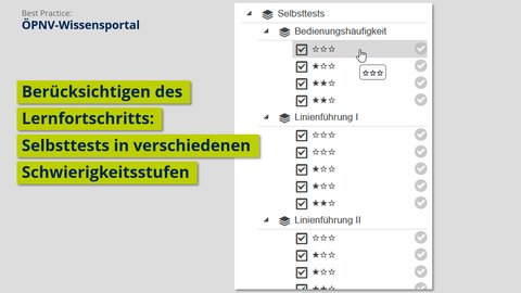 Screenshot ÖPNV-Wissensportal, Berücksichtigung des Lernfortschirtts: Selbsttests in verschiedenen Schwierigkeitsstufen