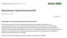 Die Abbildung zeigt den Screenshot einer Website. In der oberen linken Ecke steht "Zenodo" blau hinterlegt. Darunter steht die Überschrift "Basiswissen Sprachwissenschaft". Darunter befindet sich Text. 