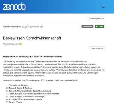 Die Abbildung zeigt den Screenshot einer Website. In der oberen linken Ecke steht "Zenodo" blau hinterlegt. Darunter steht die Überschrift "Basiswissen Sprachwissenschaft". Darunter befindet sich Text. 