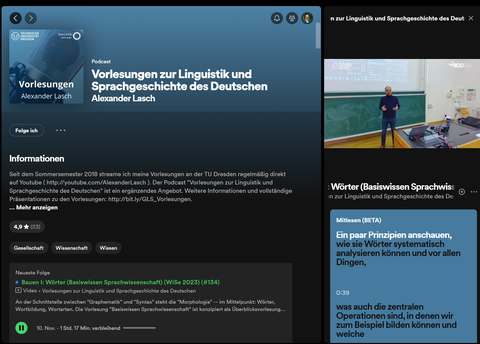 Die Abbildung zeigt den Screenshot einer Website. Die Seite ist vertikal in zwei Bereiche gegliedert. Der linke Teil trägt die Überschrift "Vorlesungen zur Linguistik und Sprachgeschichte des Deutschen" und darunter "Alexander Lasch". drauf folgt ein Informationstext. Darunter sind Videotitel aufgelistet, die offenbar abgespielt werden können. Im rechten Bereich sieht man das Standbild eines Vorlesungsvideos, darunter ein Feld mit Untertiteln. 