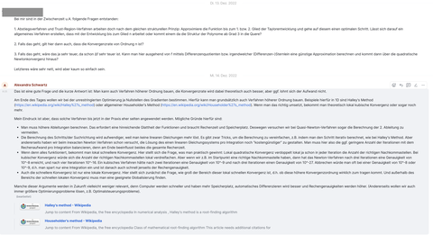 Die Abbildung zeigt einen Screenshot eines Chats. Im oberen Teil der Abbildung ist eine Frage gestellt worden, die im unteren Teil vom Absender „Alexandra Schwartz“ ausführlich beantwortet wird.