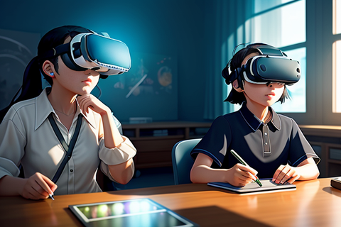 Die Abbildung zeigt eine KI-generierte Graphik. Im Vordergrund sitzen zwei Kinder mit VR-Brillen an einem Schreibtisch, beide haben ein Tablet vor sich liegen. Im Hintergrund ist ein Klassenzimmer abgebildet.
