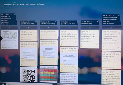 Das Foto zeigt einen Computerbildschirm mit dem Programm "Padlet" offen. Links oben steht die Überschrift "Perspektiven auf eine zeitgemäße" Bildung". Der Bildschirm ist in 6 Spalten unterteilt, jede Spalte hat eine Überschrift, darunter sind in Rechtecken Beiträge zu sehen. Im Hintergrund des Padlets ist ein verschwommenes Bild in Blautönen zu sehen.