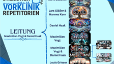 Plakat in Blautönen. Die linke Hälfte wird von dem Text „Dresdner Vorklinik Repetitorien. Leitung Maximilian Vogt & Daniel Haak“ eingenommen. Rechts daneben ist eine geschweifte Klammer, nach rechts geöffnet. Innerhalb der Klammer sind 6 Bilder übereinander angeordnet, darauf steht jeweils ein  medizinisches Fach geschrieben.