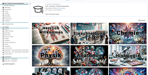 Screenshot einer Opal Seite. Die Überschrift des Kurses, zu sehen im Navigationsbaum in der linken Seite der Abbildung, lautet: „DVR - Dresdner Vorklinik Repetitorien“. Der restliche Teil der Abbildung wird von 9 Bildern eingenommen, auf denen jeweils ein  medizinisches Fach geschrieben steht. 