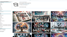 Screenshot einer Opal Seite. Die Überschrift des Kurses, zu sehen im Navigationsbaum in der linken Seite der Abbildung, lautet: „DVR - Dresdner Vorklinik Repetitorien“. Der restliche Teil der Abbildung wird von 9 Bildern eingenommen, auf denen jeweils ein  medizinisches Fach geschrieben steht. 