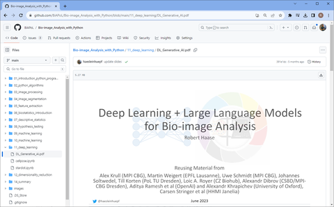 Screenshot einer Website namens „github.com“. Auf der linken Seite ist ein Navigationsbaum mit Ordnern zu sehen. Der Rest der Seite wird von einem weißen Rechteck eigenommen. In der Mitte steht „Deep Learning + Large Language Models for Bio-image Analysis. Robert Haase“. 