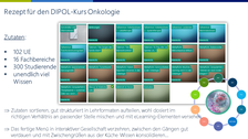 Abbildung, in der rechtsbündig am oberen Rand die Überschrift „Rezept für den DIPOL-Kurs Onkologie“ steht. Darunter ist eine Aufzählung mit der Überschrift „Zutaten“, rechts daneben ein Bild. 