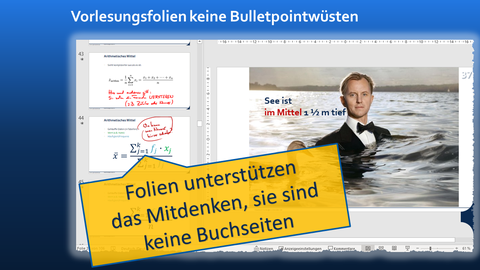 Collage: "Vorlesungsfolien keine Bulletpointwüsten, unterstützen das Mitdenken, sind keine Buchseiten", im Hintergrund Screenshot einer Folie