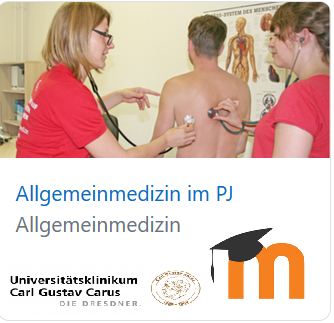 Titelfolie einer Präsentation: Allgemeinmedizin in PJ. Zwei Frauen halten jeweils ihr Stethoskop an den Rücken eines Mannes