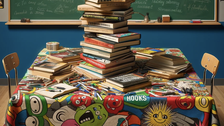 KI-generiertes Foto: Tisch vor einer Tafel, auf dem Tisch ein Stapel Bücher