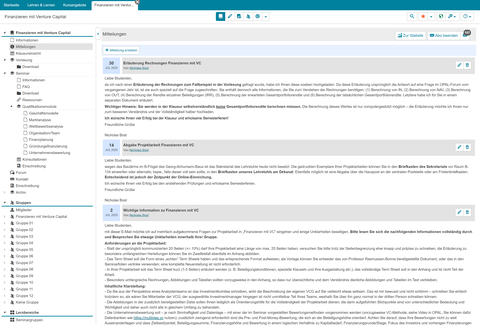 Screenshot des OPAL-Kurses mit einen Ausschnitt des Reiters Mitteilungen