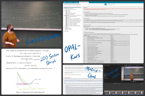 Die Collage besteht aus 5 Bildern. Über jedes Bild wurde Handschriftlich der Inhalt geschrieben. Das Foto oben rechts zeigt einen Ausschnitt von einem Livestream, wobei eine Person vor einer beschriebenen Tafel steht. Im Bild darunter ist ein ein Text mit Formeln und einem Graphen zusehen. Darüber steht "200 Seiten Skript" geschrieben. Das Bild, welches die obere rechte Ecke einnimmt, zeigt einen Screenshot von einem Opal Kurs. Darunter ist links ein Screenshot von einem Matrix-Chat und rechts von einem Video-Bearbeitungsprogramm. 