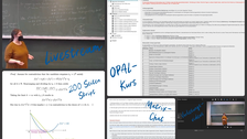 Die Collage besteht aus 5 Bildern. Über jedes Bild wurde Handschriftlich der Inhalt geschrieben. Das Foto oben rechts zeigt einen Ausschnitt von einem Livestream, wobei eine Person vor einer beschriebenen Tafel steht. Im Bild darunter ist ein ein Text mit Formeln und einem Graphen zusehen. Darüber steht "200 Seiten Skript" geschrieben. Das Bild, welches die obere rechte Ecke einnimmt, zeigt einen Screenshot von einem Opal Kurs. Darunter ist links ein Screenshot von einem Matrix-Chat und rechts von einem Video-Bearbeitungsprogramm. 